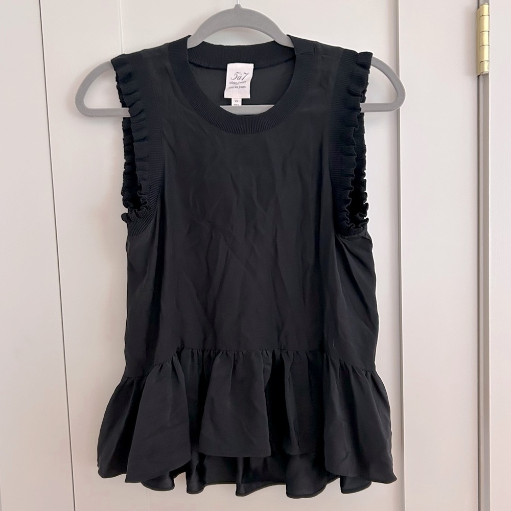 Cinq à Sept Tous Les Jours Black 100% Silk  Lenore Ruffle Peplum Top XS